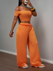 Slaydiva 2025新款夏季音乐节生日派对毕业休闲基础套装露肩短袖短款上衣&条纹宽松直筒裤橙色两件套橙色两件套阔腿裤套装裤子两件套夏季裤子套装 - 橘色 - 查看 7