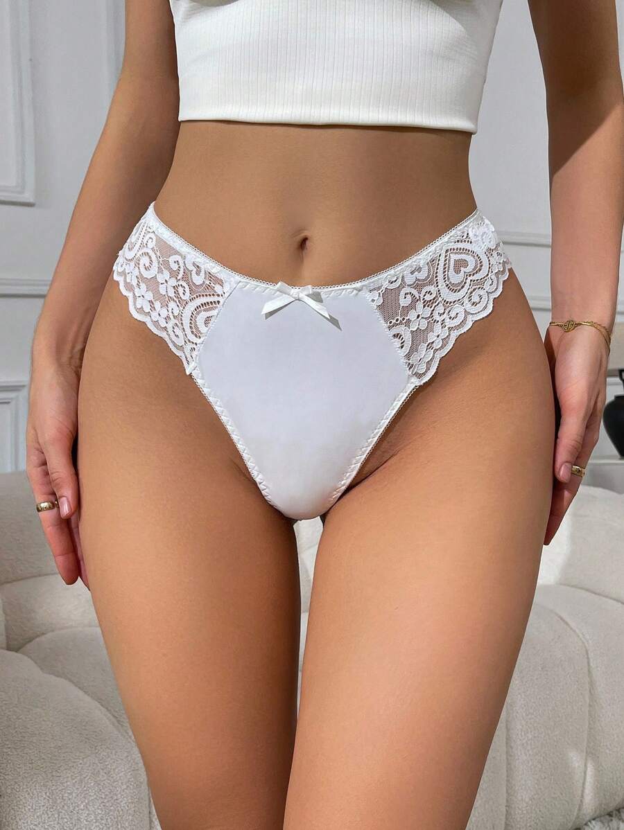 SHEIN 女士蕾丝拼布蝴蝶结装饰性感丁字裤 - 白色 - 查看 1