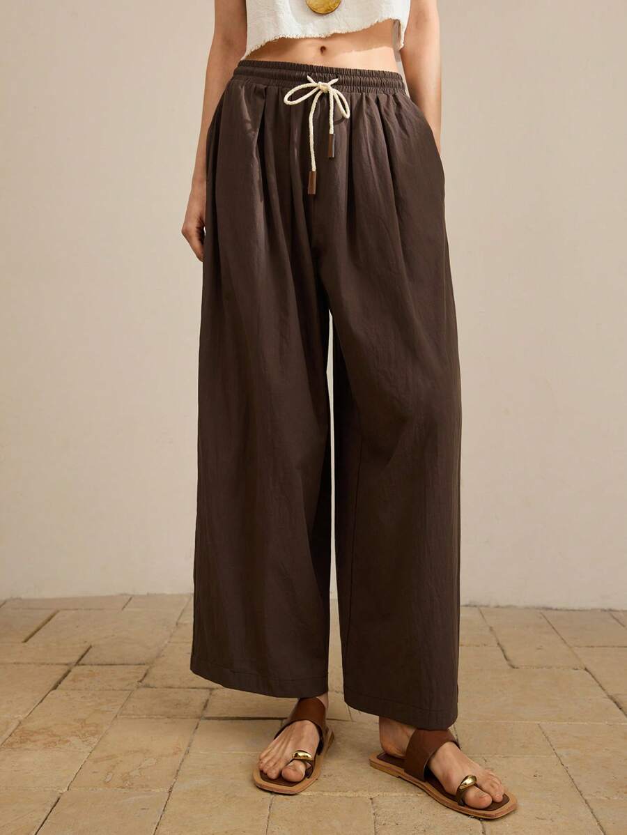 Ontre 2025 女士纯色抽绳腰长裤，休闲夏季沙滩度假装 - 咖啡棕 - 查看 1