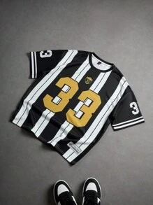 Manfinity Campus Court Herren Sommer lässiges Farbblock Streifen und Nummer Muster Kurzarm T-Shirt - Verschiedenfarbig - Übersicht 7