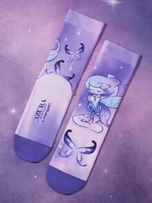 Pop Mart Azura X SHEIN 3 Pairs Cartoon Pattern Fashion Gradient Color Macaron Soft Breathable Sweat-Absorbing Women's Elastic Crew Socks, Printed Patterns Suitable For Spring, Summer, Autumn; Purple & Pink Bear Print Mid-Calf Socks, Rainbow Cloud Breathable Soft All-Season Socks For Women