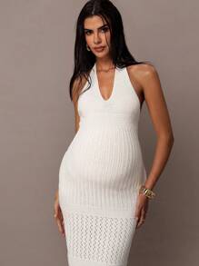 MaterniChic Maternity White Dresses Solid Color Backless Halter Neck Maternity Knitted Dress - Apricot - View 5