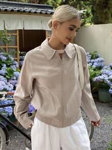 DAZY Women's Plain Zip-Up Long Sleeve Regular Jacket, Spring/Summer Women Coats - Khaki - View 5