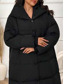 EURMUSE Plus Size Zip Up Drawstring High Collar Long Fit Solid Color Winter Coat - Black - View 1