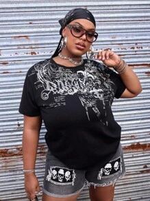 ROMWE Street Life T-shirt court manches courtes imprimé mode grande taille, été - Noir - Voir 6