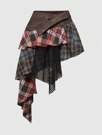 Grunge Punk Falda corta asimétrica de cintura baja para mujer con bloques de color, encaje, malla y parches, estilo Y2K Baddie, de vuelta al colegio