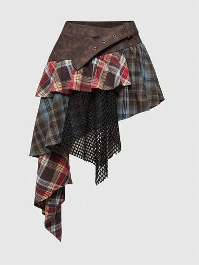 Grunge Punk Y2K Baddie Color Block Lace Mesh Patchwork Asymmetrical Hem Low Waist Women Short Skirt, Back To School