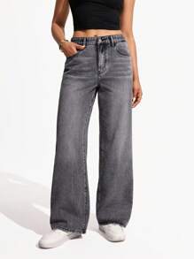 Jeanoix Pantalones vaqueros casuales, versátiles, de pierna ancha y sueltos con bolsillos para mujer