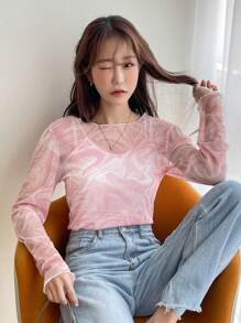 DAZY 1pc Marble Print Lettuce Trim Mesh Top Going Out Tops Valentine Valentine's Day Sheer Long Sleeve Women Tops,Fall Women Clothes - Baby Pink - View 6