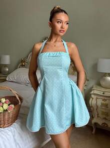 Glamine Abito corto estivo da donna con stampa a pois blu, scollo a canottiera e linea ad A, outfit da vacanza