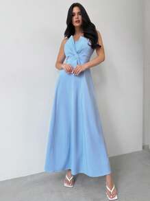 Firerie Women's Elegant Romantic Stylish Bow Decor High Waist A-Line Midi Dress, Sleeveless Strapless Blue Party Dress,  Graduation Dress - Baby Blue - View 3