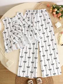 Tween-Mädchen Gewebtes, kariertes, süßes, gerüschtes, gekreuztes, ärmelloses, lockeres Oberteil und lockere Lässig Hose, zweiteiliges Set, Mintgrün, geeignet für Frühlingsausflüge, lässigen Pastoralstil, Lässig ausflüge - Weiss - Übersicht 1