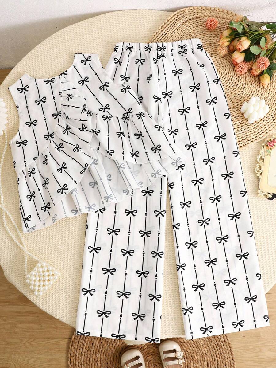 Tween-Mädchen Gewebtes, kariertes, süßes, gerüschtes, gekreuztes, ärmelloses, lockeres Oberteil und lockere Lässig Hose, zweiteiliges Set, Mintgrün, geeignet für Frühlingsausflüge, lässigen Pastoralstil, Lässig ausflüge - Weiss - Übersicht 1