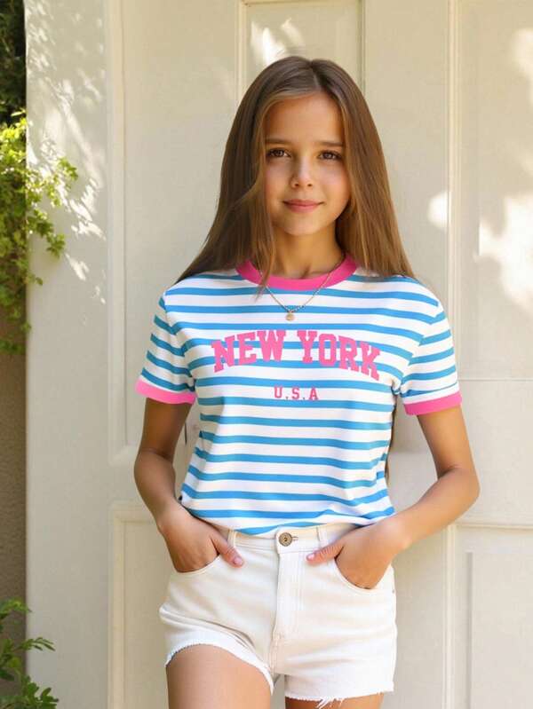 Souflis Souflis Tween Girl' New York Blue & White Striped Print Round Neck Short Sleeve T-Shirt  Preppy Tween Clothes