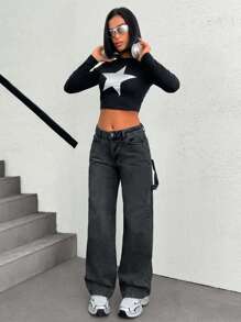 SHEIN Cottnline 100% Cotton WIDE LEG LOW WAIST JEANS - Dark Grey - View 4