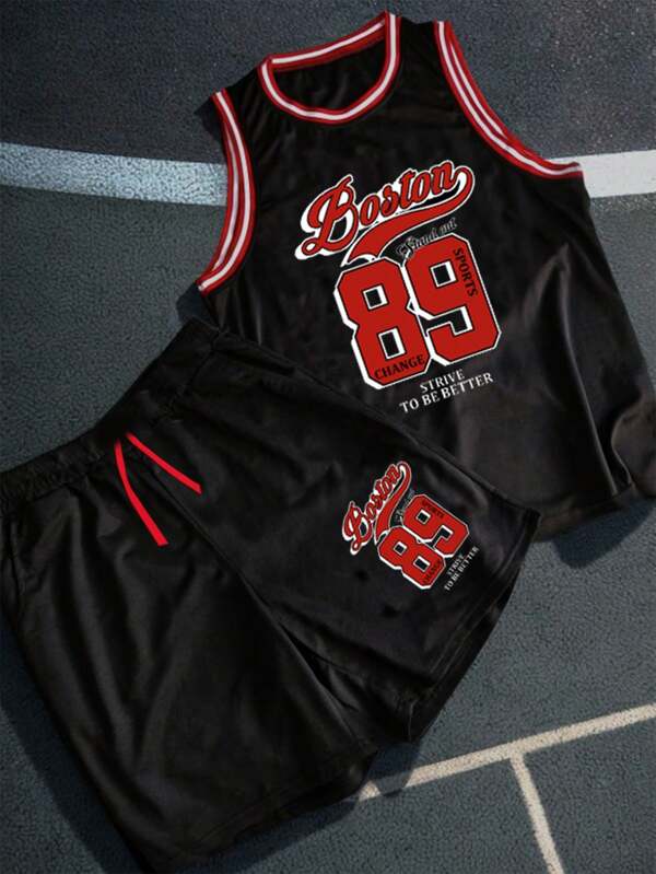SHEIN Conjunto de jersey y pantalones cortos de baloncesto con color de contraste y diseño deportivo para adolescentes varones. Estilo universitario casual, cómodo, de moda, minimalista, versátil, suave y apto para uso diario, viajes y deportes como baloncesto.