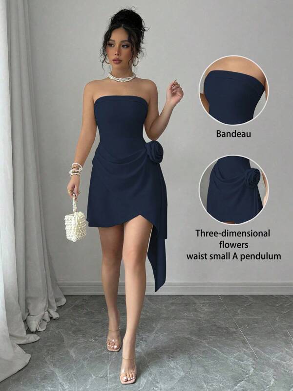Elenzga Apricot Color Strapless Ruched A-Line Elegant Romantic Floral Detailed Dress For Women, Valentine's Day