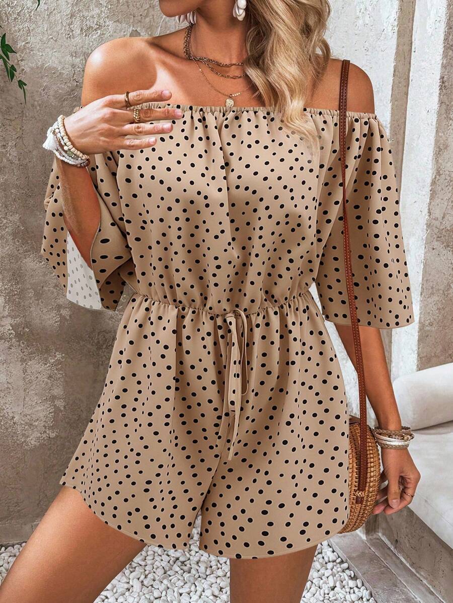 Breezaya Bộ đồ liền thân chấm bi hở vai 5 tay thời trang & thoải mái đi nghỉ có cạp chun, mùa xuân/hè - Màu Khaki - Xem 1