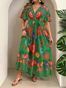 SHEIN Clasi Plus Size Tropical Holiday Abstract Art Print Cross V-Neck Belted Ruffle Hem A-Line Sundress - Green - View 5