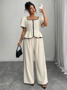 Elenzga 大码春夏季优雅撞色短袖衬衫和阔腿裤两件套两件套裤子套装女裤套装女夏季阔腿裤套装衬衫和裤子套装2件套休闲套装女 - 白色 - 查看 4
