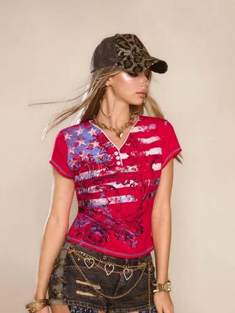 Fairycore Camiseta con decoración de diamantes de imitación con bandera y estrellas patrióticas en estilo retro Y2K Grunge para mujer