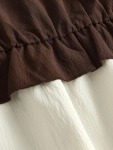 SHEIN Girlism 少女优雅复古服装套装：米色拼布棕色翻领荷叶边下摆衬衫和阔腿裤，休闲百搭 - 棕色 - 查看 4