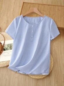 Rusticease 女式夏季条纹纽扣半襟短袖休闲衬衫返校秋季女装老款风格女式商务休闲女式条纹棉质上衣女式棉质上衣蓝白条纹衬衫夏季上衣休闲棉质上衣 - 藍白色 - 查看 7