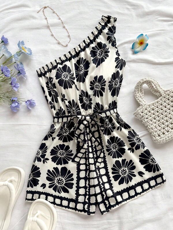 Soleia Women's Casual Vacation Western Beach Wedding Guest Attire Graduation Brunch Outfit St.Patrick's Day Spring Break Easter Music Festival Elegant Bohemian Tropical Chic New Floral Print Spaghetti Strap Jumpsuit, Spring/Summer Short Jumpsuits For Women One Shoulder Playsuit Floral Print Playsuit