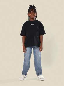 SUMWON 经典直筒牛仔裤宽松版型卷边日常休闲校服舒适青年裤子 - 藍色 - 查看 3