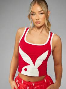 Missguided x Playboy 圣诞夏日兔子标志印花背心 节日露脐背心 - 紅色 - 查看 1