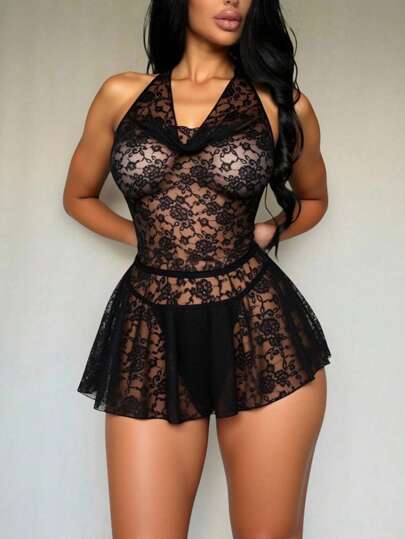 ROMWE Avant Sexy Cowl Neck Lace Tie-Up Mini Dress Suit