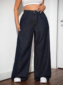 SHEIN CURVE+ Jeans di jeans casual a vita alta, con gamba larga e svasata, taglie comode per donne formose