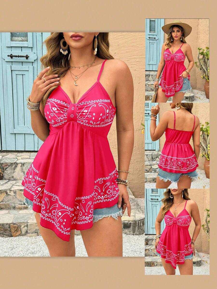SHEIN Holidaya Camicetta casual da donna taglie forti, stile vacanza, con stampa a balze in bianco e nero irregolare a-line