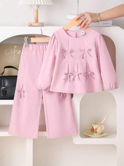SHEIN Playful Pals 两件套女童时尚甜美可爱蝴蝶结装饰上衣+阔腿裤套装，春秋季女童裤装套装，女童春秋套装，喇叭裤套装，女童两件套秋冬装