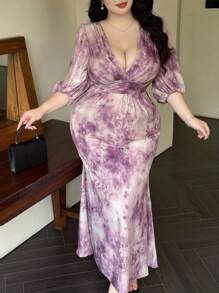 Vibekara Vestido elegante de cóctel para fiestas y eventos festivos con cuello en V, mangas de farol, cintura ceñida y bajo de cola de sirena para mujeres de talla grande