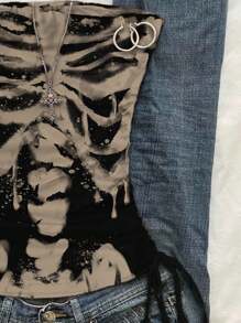 Attitoon Top corto con nudo delantero y estampado de esqueleto derritiéndose, adecuado para el verano - Negro - Ver 3