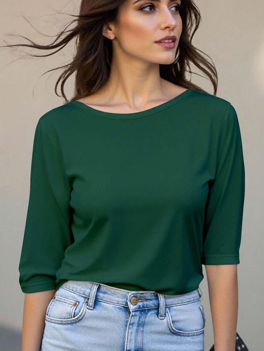 INAWLY Áo thun nữ cổ tròn màu trơn viền bất đối xứng thanh lịch khi đi làm - Màu xanh lá cây đậm - Xem 1