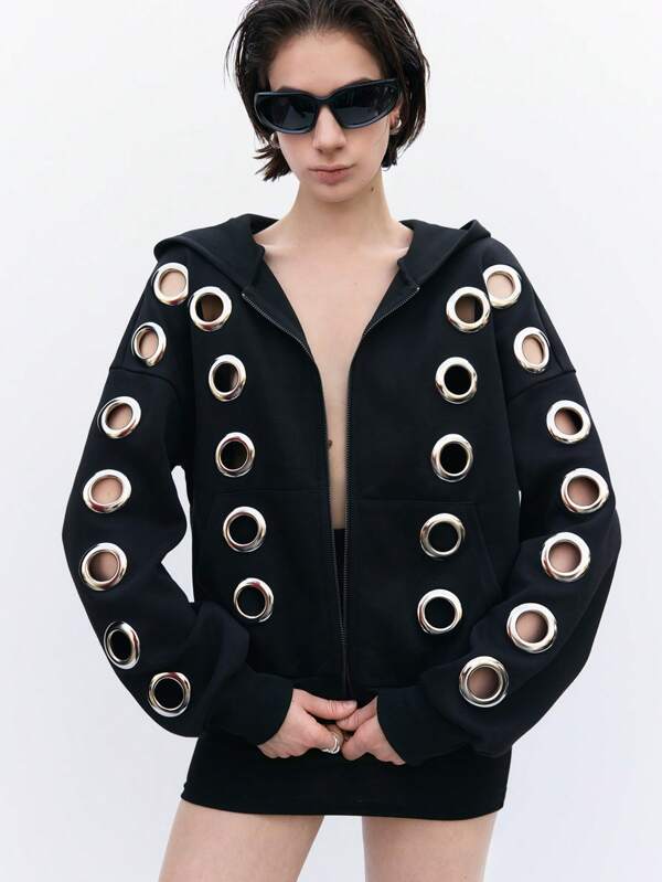 LYSMO Pull à capuche avant-gardiste cool pour femmes avec un design œil de poule ajouré