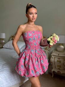 Glamine Women's Floral Print Ruched Bustier Short Corset Dress, Elegant,Strapless Printed Bra Short Dress, Vacation Outfits Woman,Wedding Guest Dress - Hot Pink - View 3