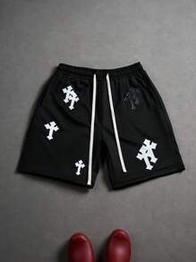 PAVTROS Men's Casual Cross Print Drawstring Waist Shorts, Summer Graphic