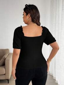 Elenzga Plus Size Black Knitted Tie-Front Top With Sweetheart Neckline And Short Puff Sleeves Black Tie Front Top Black Ribbed Top Puff Sleeve Top Women Black