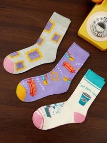 FRIENDS X SHEIN 3 pares de calcetines informales de mujer hasta el tobillo, suaves y transpirables, que absorben la humedad, de moda y lindos, con refuerzo en los dedos y el talón para mayor durabilidad, aptos para todas las estaciones y combinables con todo