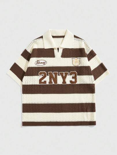 Prep Jersey de punto tipo polo con bordado de letra y rayas para hombre