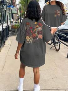 SHEIN Unity Plus Size Women Floral Print Round Neck Drop Shoulder Casual T-Shirt, Summer - Dark Grey - View 1