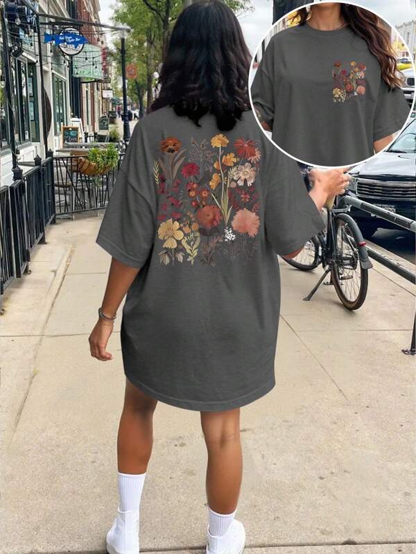 SHEIN Unity Plus Size Women Floral Print Round Neck Dolman Sleeve Casual T-Shirt, Summer