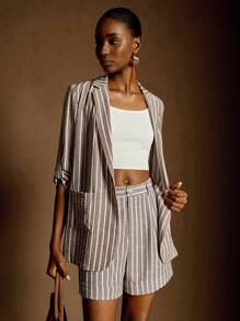 Écloséra 法式复古简约休闲通勤舒适亚麻条纹女士西装外套，翻领单排扣卷袖 - 摩卡棕 - 查看 7