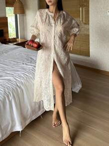 DAZY 波西米亚风格刺绣灯笼袖女式休闲连衣裙、Moo Moo 休闲连衣裙、秋季睡衣 - 米色 - 查看 1