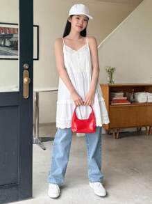 DAZY Ladies' Solid Color Simple Casual Camisole,Ruffle Babydoll Top - White - View 11