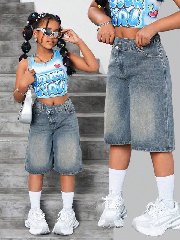 SHEIN Tween Mädchen Y2K Vintage Washed Asymmetrische Taille Loose Fit Blue Denim Bermuda Shorts, Für Mädchen Streetwear Outfits