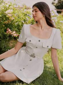 Savoree Beige Elegant Romantic Elegant Rhinestone Button Woven Tweed A-Line Short Dress, Suitable For Wedding Guest, Fairy Dress